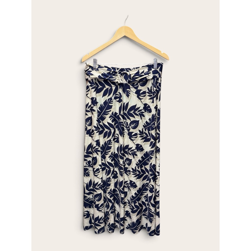 Robert Louis Navy Cream Palm Leaf Maxi Skirt O-Ring Waist XL Tropical Jersey
